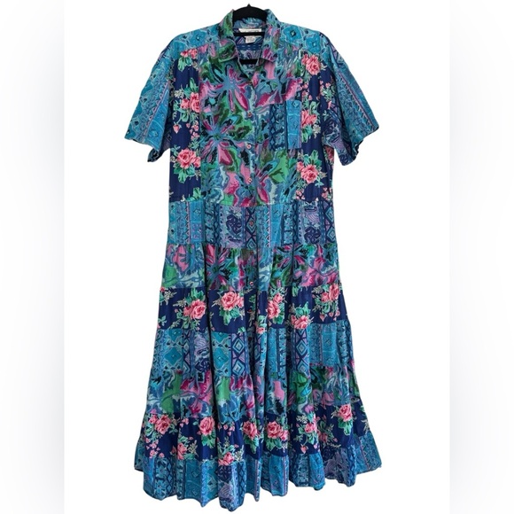 Vintage 80s/90s Together! Blue Floral Patchwork Rayon Maxi Shirt Dress Sz M - Picture 1 of 6